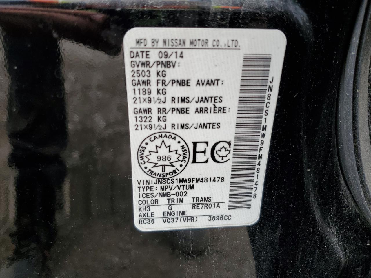 2015 Infiniti Qx70 VIN: JN8CS1MW9FM481478 Lot: 63108685