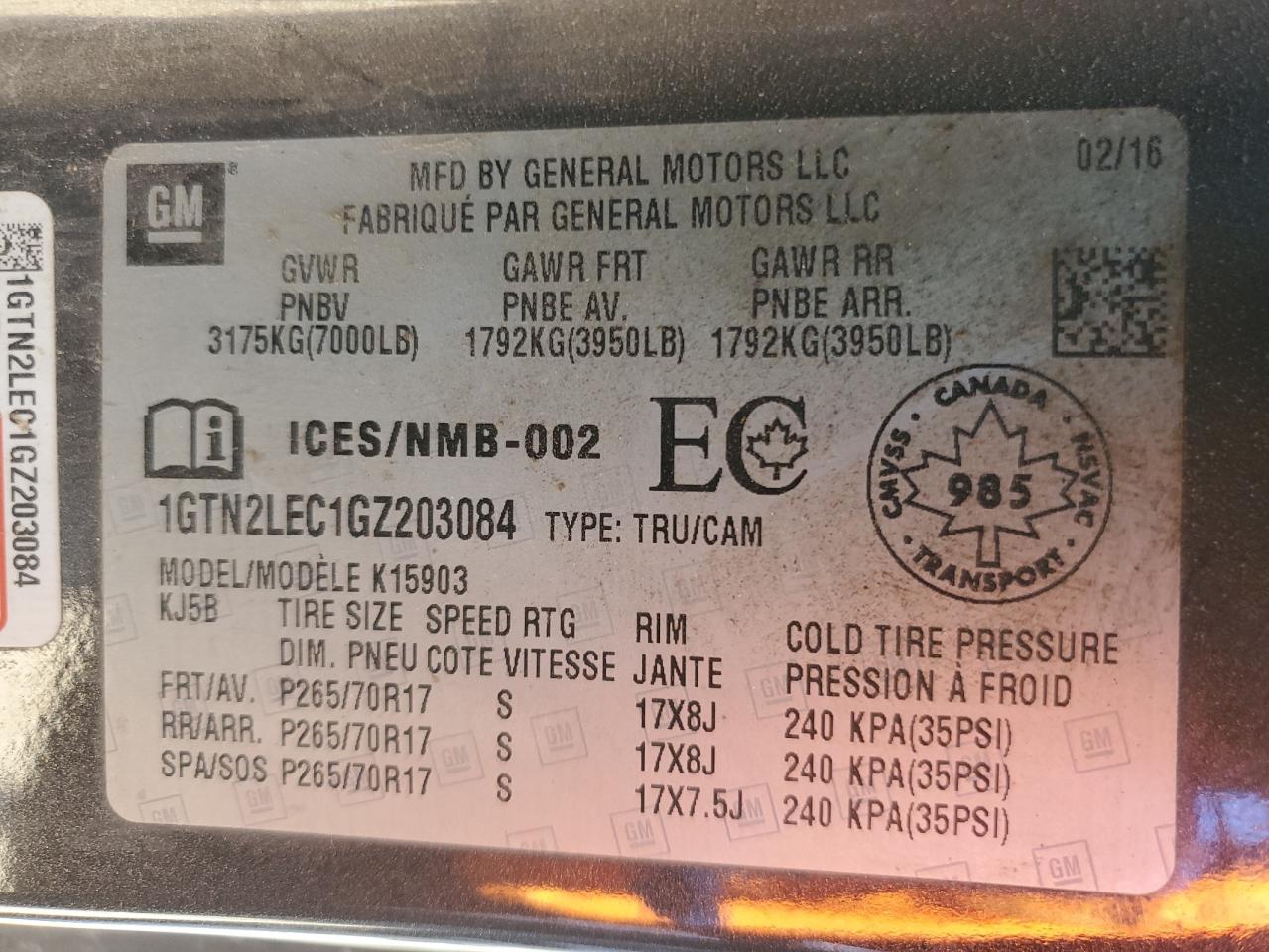 2016 GMC Sierra K1500 VIN: 1GTN2LEC1GZ203084 Lot: 65995815
