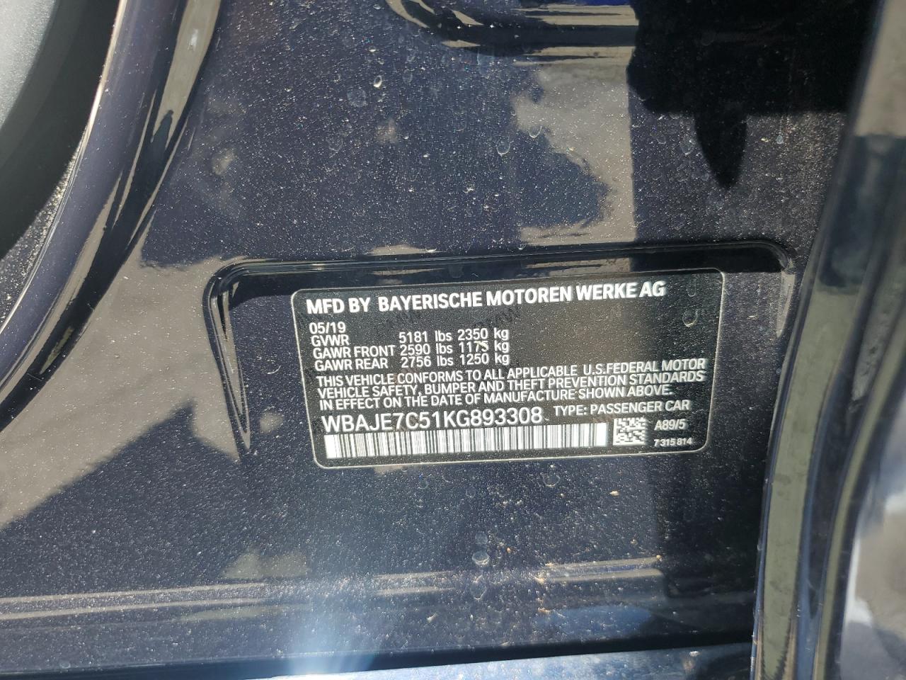 2019 BMW 540 Xi VIN: WBAJE7C51KG893308 Lot: 64608005