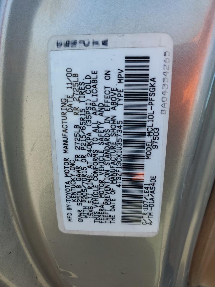 2001 Toyota Sienna Le VIN: 4T3ZF13CX1U357345 Lot: 64207105