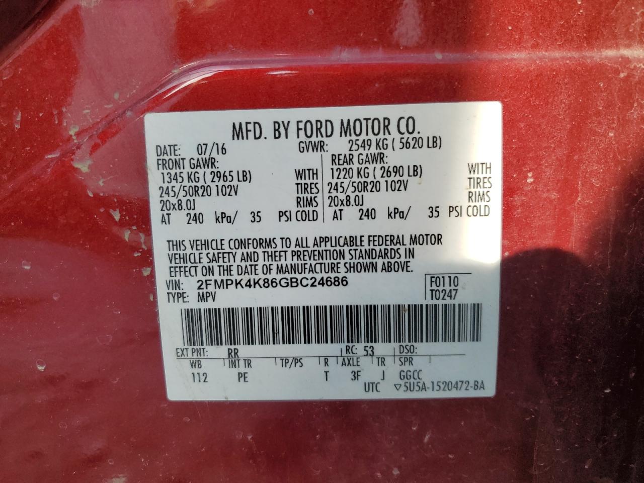2016 Ford Edge Titanium VIN: 2FMPK4K86GBC24686 Lot: 64369735