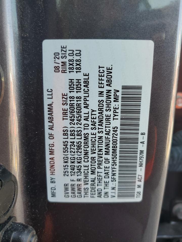 2021 Honda Pilot Exl VIN: 5FNYF5H50MB007245 Lot: 63996375