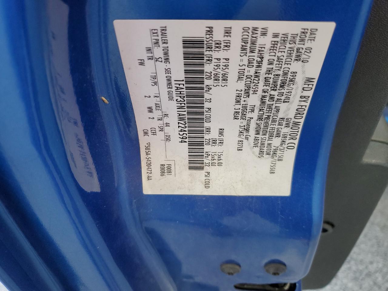 2010 Ford Focus Se VIN: 1FAHP3FN1AW224594 Lot: 63410515