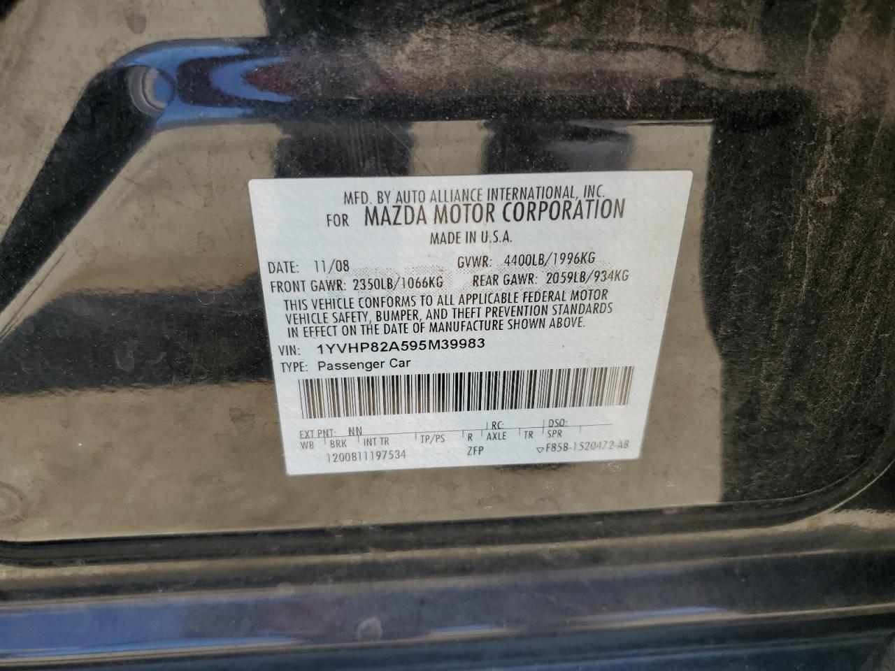 2009 Mazda 6 I VIN: 1YVHP82A595M39983 Lot: 64133305