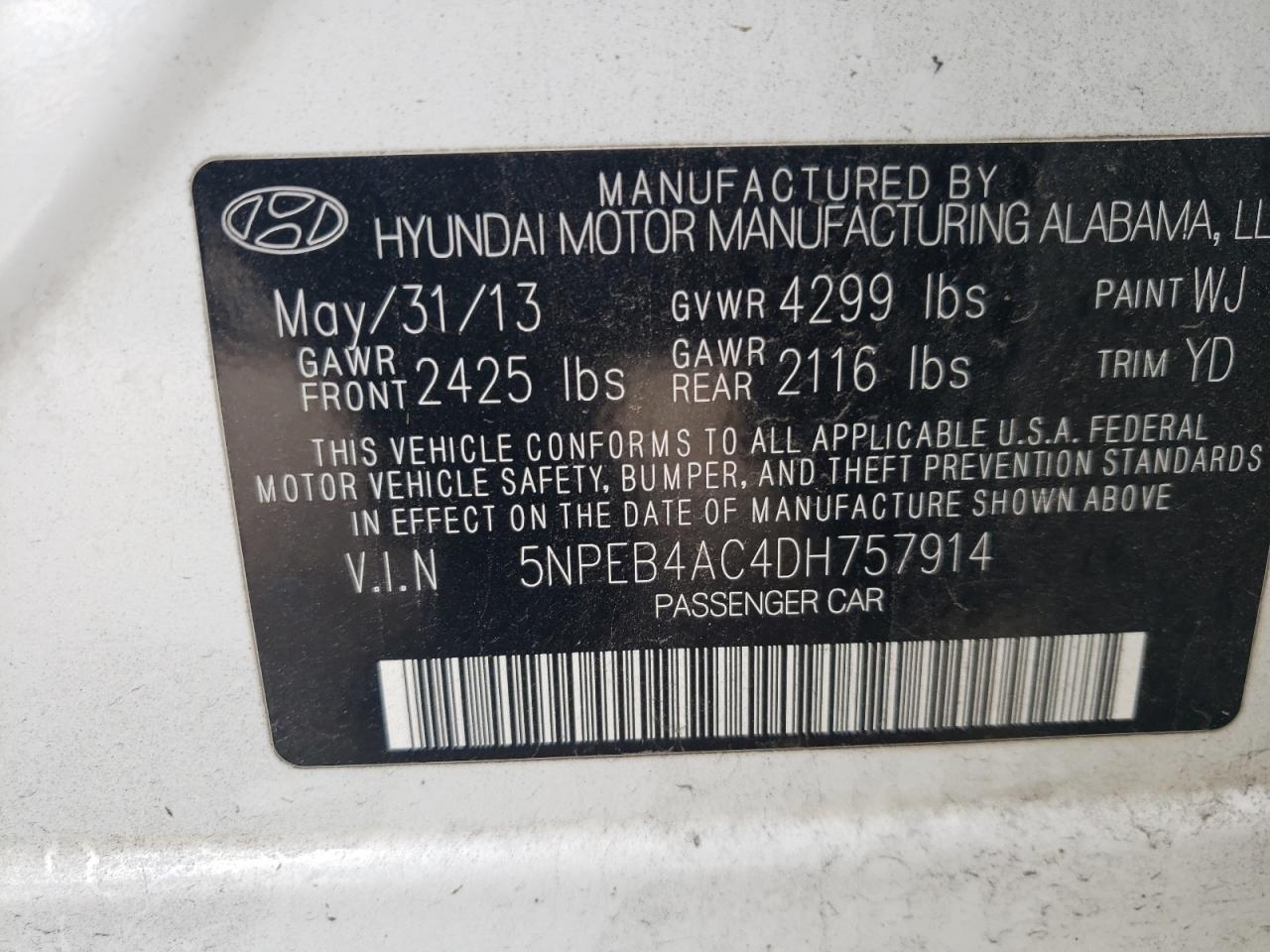 2013 Hyundai Sonata Gls VIN: 5NPEB4AC4DH757914 Lot: 64780125