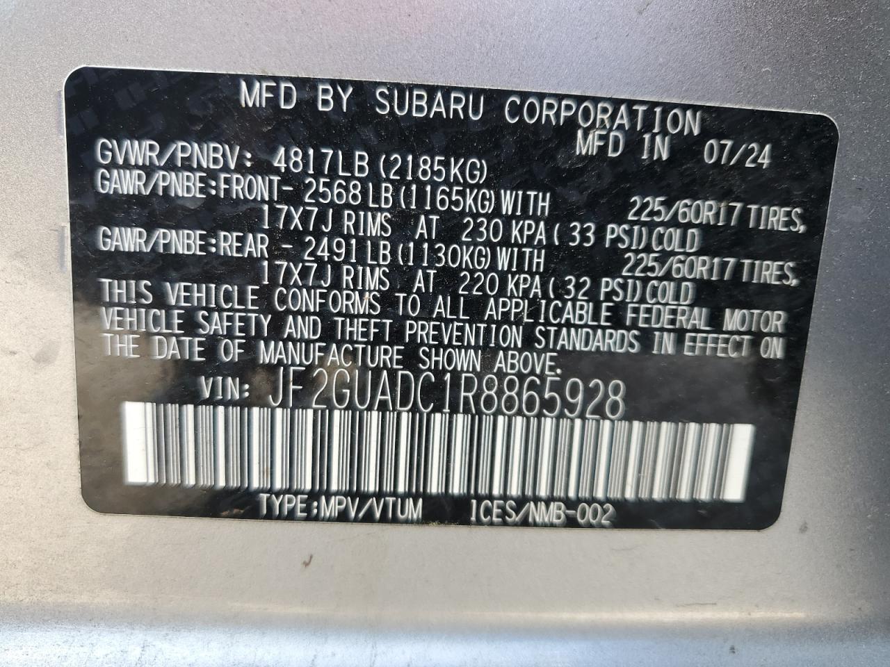 2024 Subaru Crosstrek Premium VIN: JF2GUADC1R8865928 Lot: 63488605