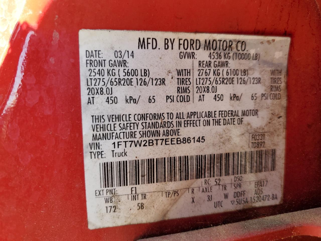 2014 Ford F250 Super Duty VIN: 1FT7W2BT7EEB86145 Lot: 63297805