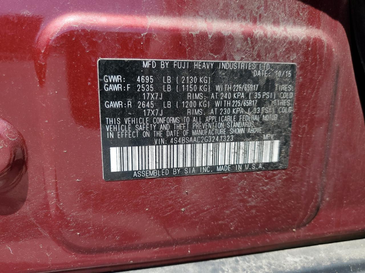 2016 Subaru Outback 2.5I VIN: 4S4BSAAC2G3241323 Lot: 64830315