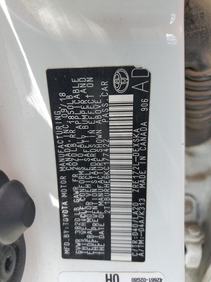 2019 Toyota Corolla L VIN: 2T1BURHE6KC177422 Lot: 64782355