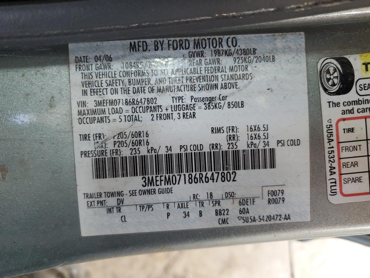 2006 Mercury Milan VIN: 3MEFM07186R647802 Lot: 66814915