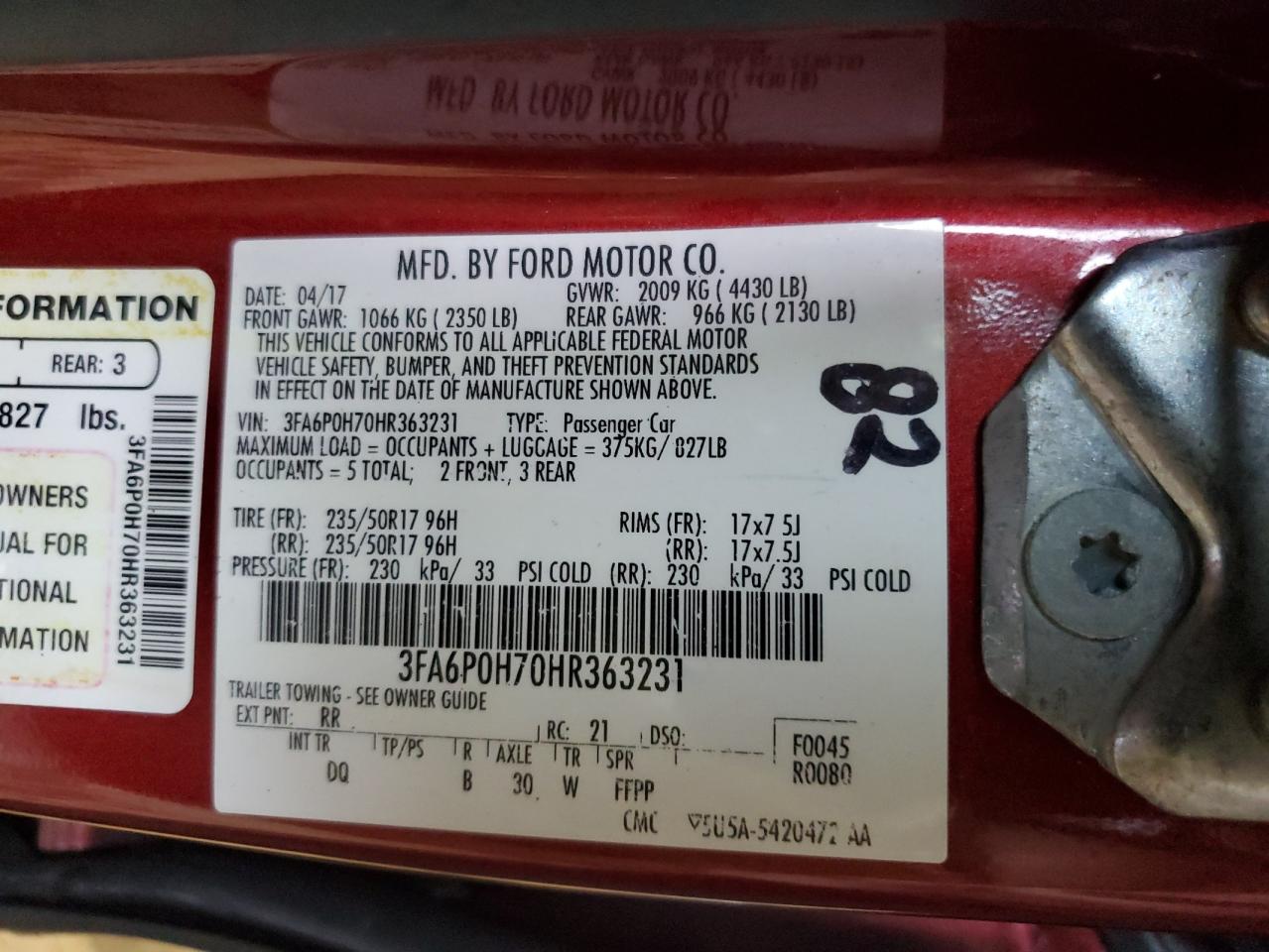 2017 Ford Fusion Se VIN: 3FA6P0H70HR363231 Lot: 65057725