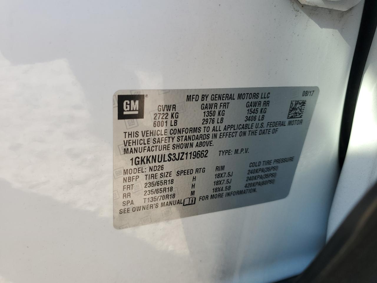 2018 GMC Acadia Slt-1 VIN: 1GKKNULS3JZ119662 Lot: 62722815