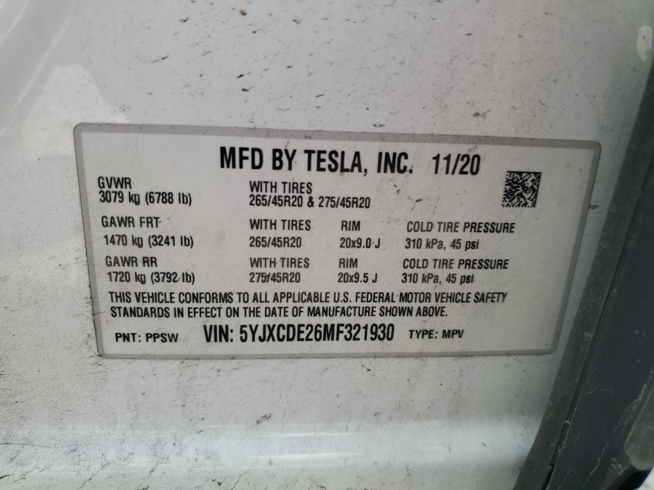 2021 Tesla Model X VIN: 5YJXCDE26MF321930 Lot: 64676215