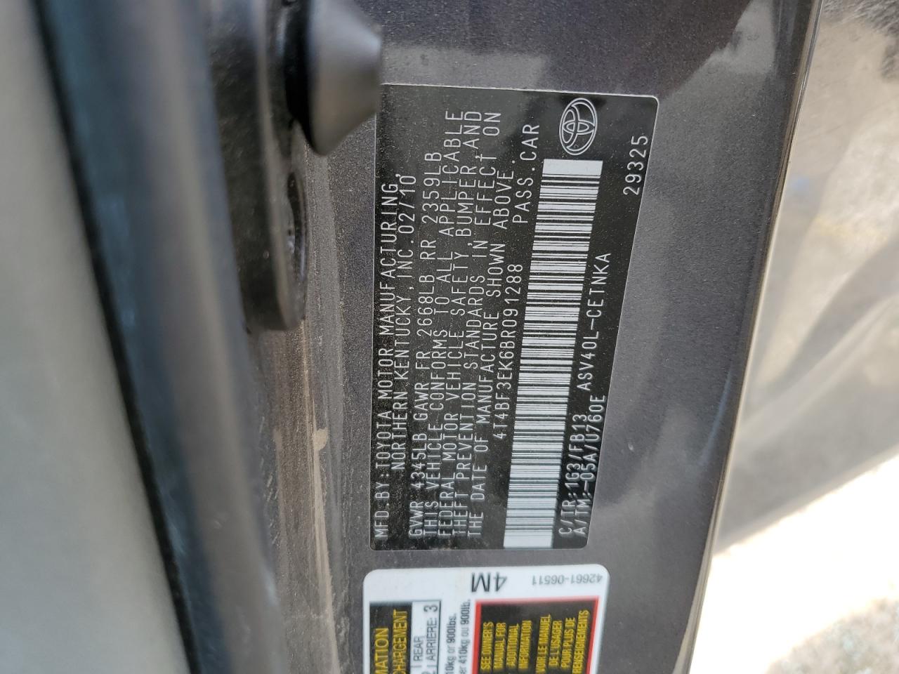 2011 Toyota Camry Base VIN: 4T4BF3EK6BR091288 Lot: 65149365