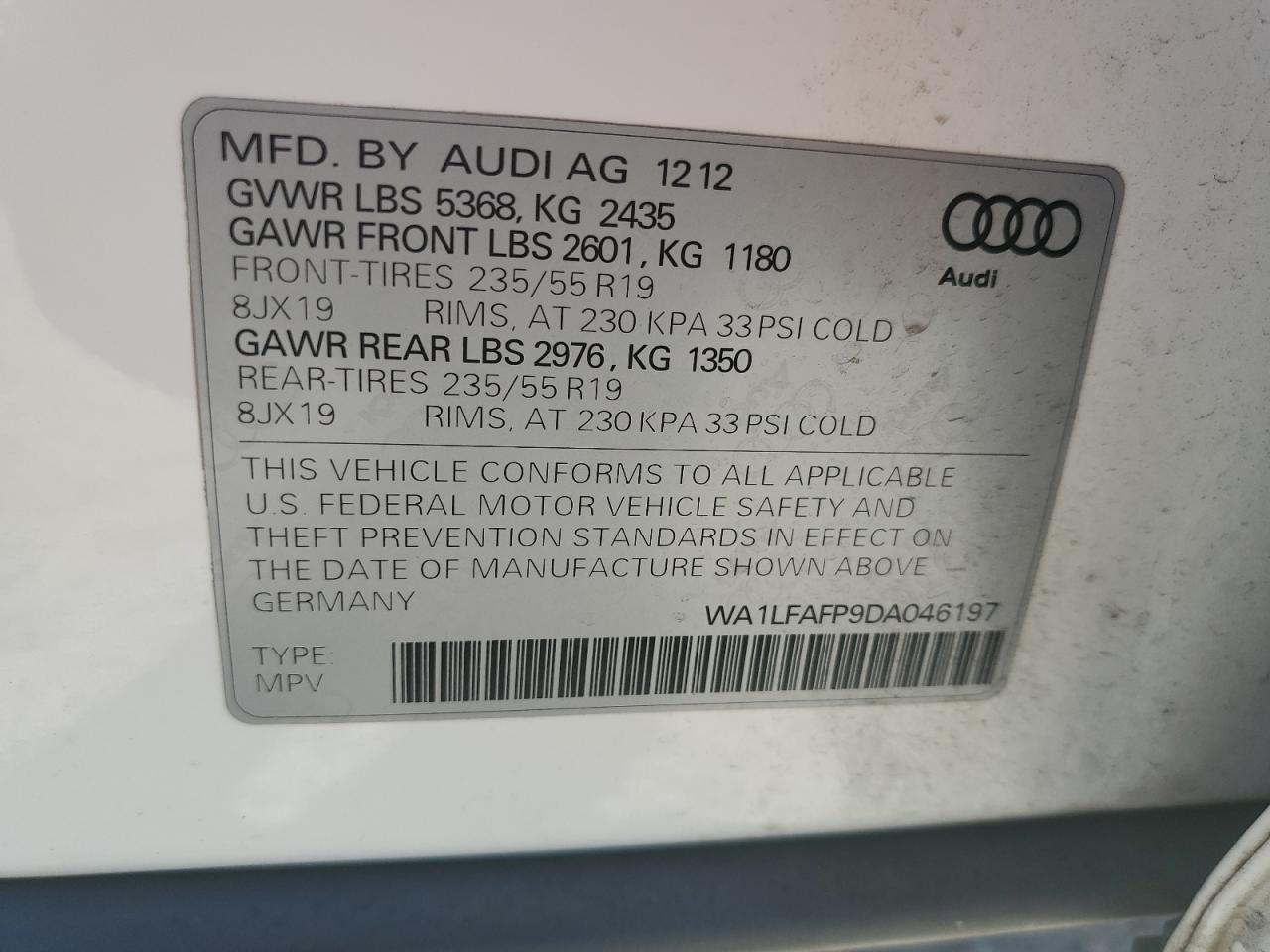 2013 Audi Q5 Premium Plus VIN: WA1LFAFP9DA046197 Lot: 65804205
