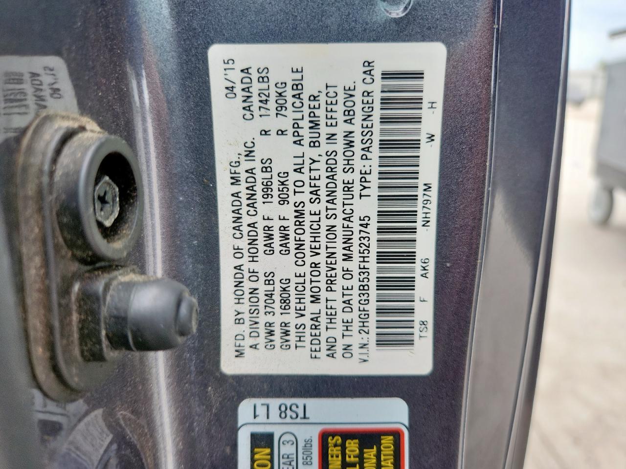 2015 Honda Civic Lx VIN: 2HGFG3B53FH523745 Lot: 63586855