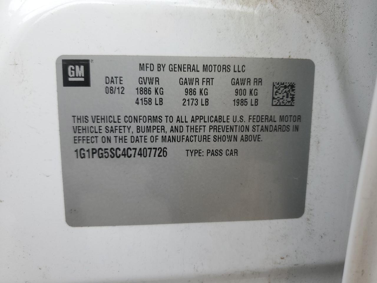 2012 Chevrolet Cruze Lt VIN: 1G1PG5SC4C7407726 Lot: 65363815