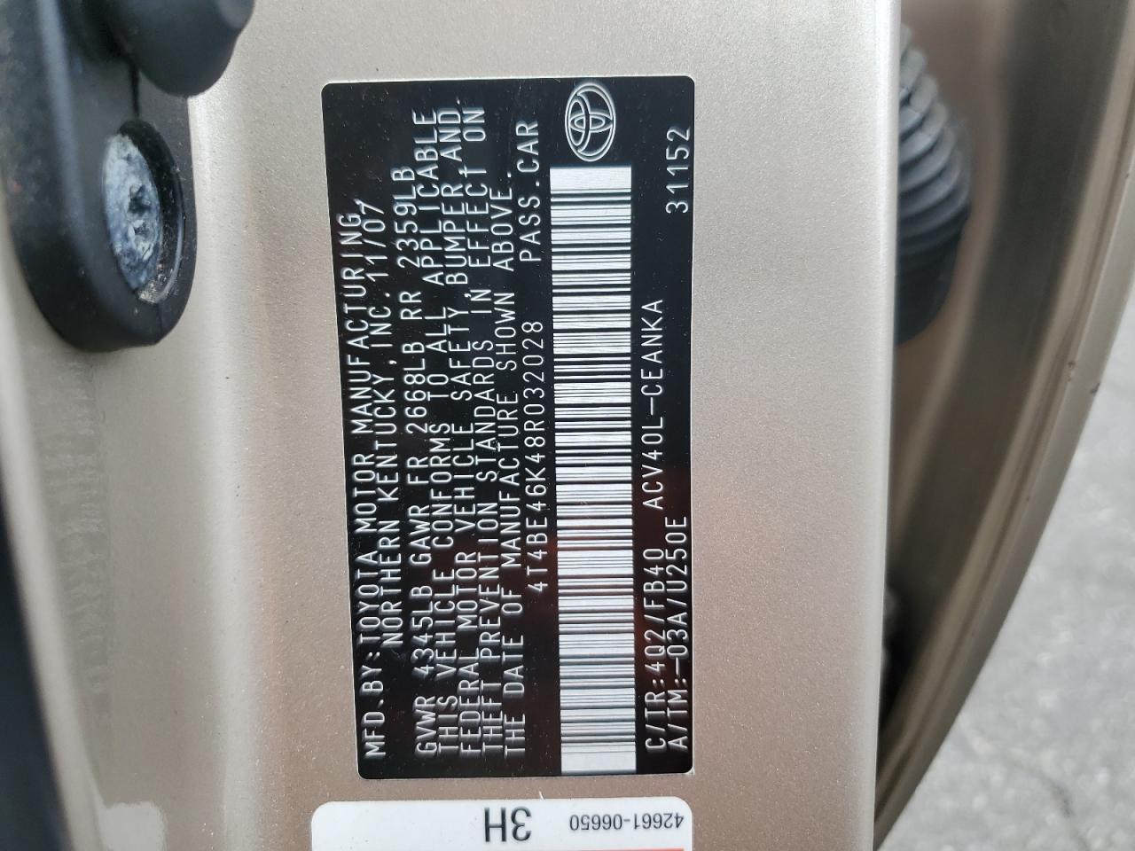 2008 Toyota Camry Ce VIN: 4T4BE46K48R032028 Lot: 62868445