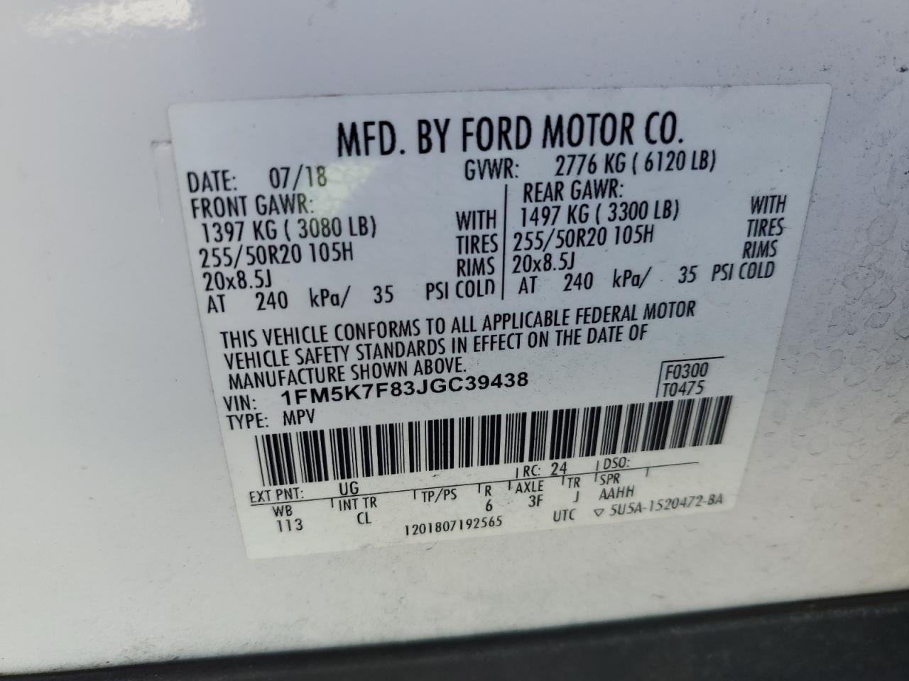 1FM5K7F83JGC39438 FORD EXPLORER 2018