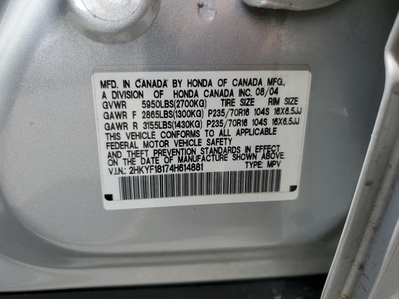 2004 Honda Pilot Lx VIN: 2HKYF18174H614881 Lot: 62088355