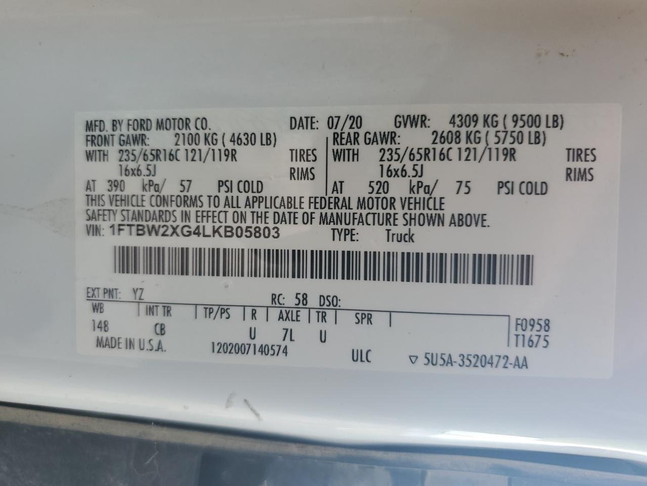 2020 Ford Transit T-350 VIN: 1FTBW2XG4LKB05803 Lot: 65766685