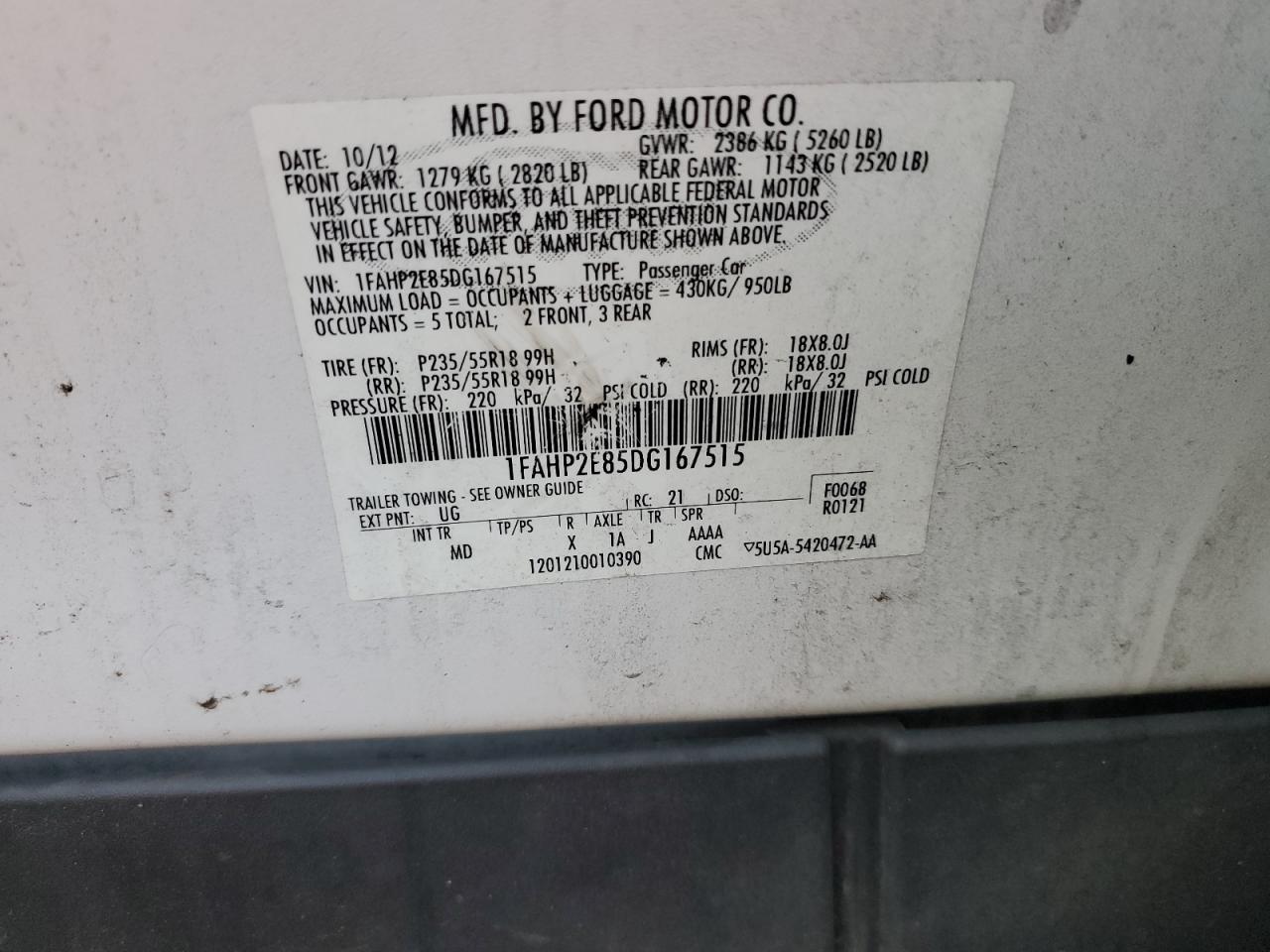 2013 Ford Taurus Sel VIN: 1FAHP2E85DG167515 Lot: 63857155