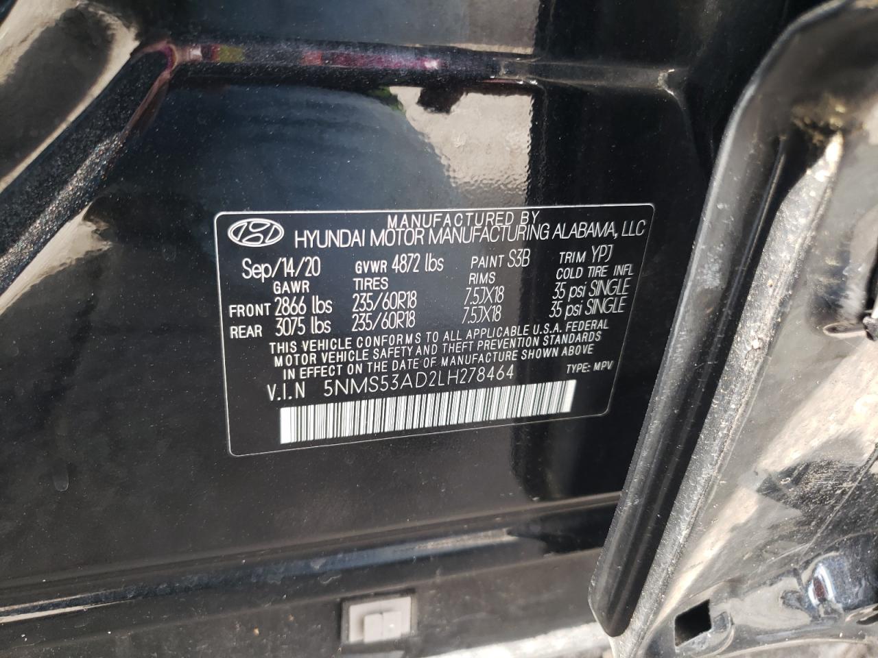 2020 Hyundai Santa Fe Limited VIN: 5NMS53AD2LH278464 Lot: 64801765