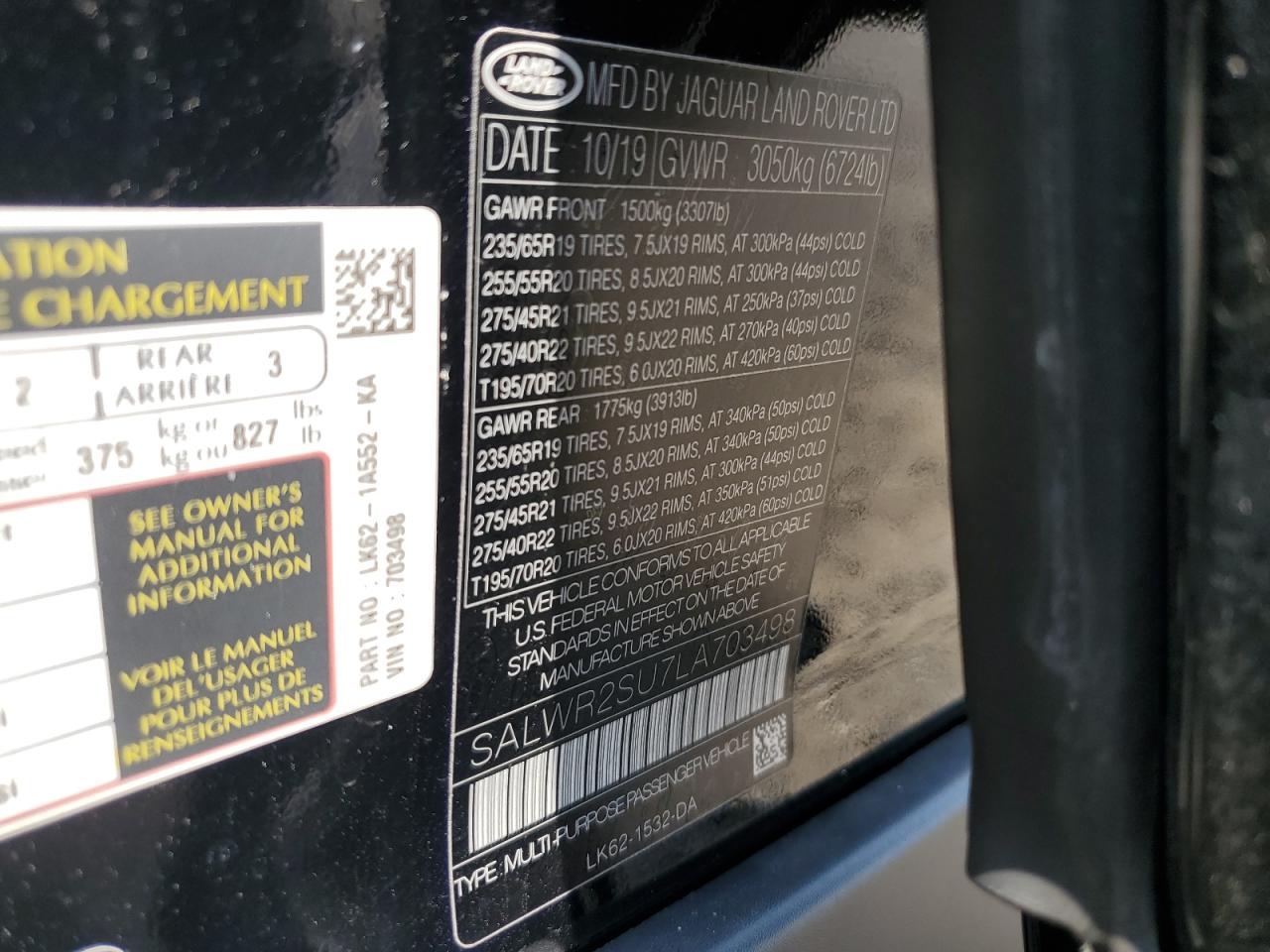 2020 Land Rover Range Rover Sport Hse VIN: SALWR2SU7LA703498 Lot: 61793685