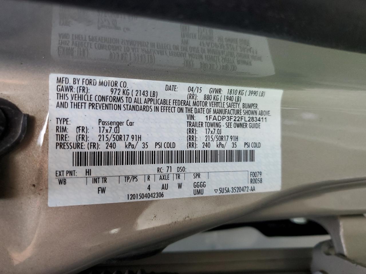 2015 Ford Focus Se VIN: 1FADP3F22FL283411 Lot: 65126655