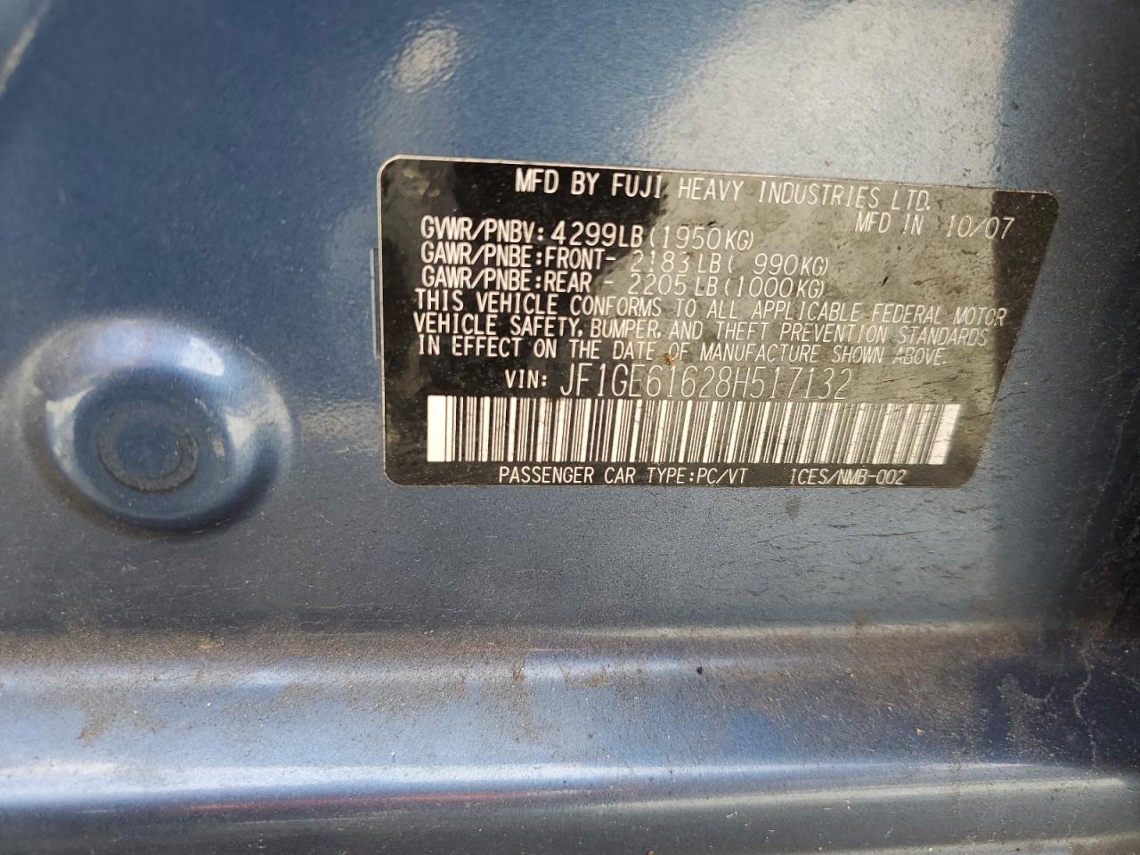 2008 Subaru Impreza 2.5I VIN: JF1GE61628H517132 Lot: 64798365