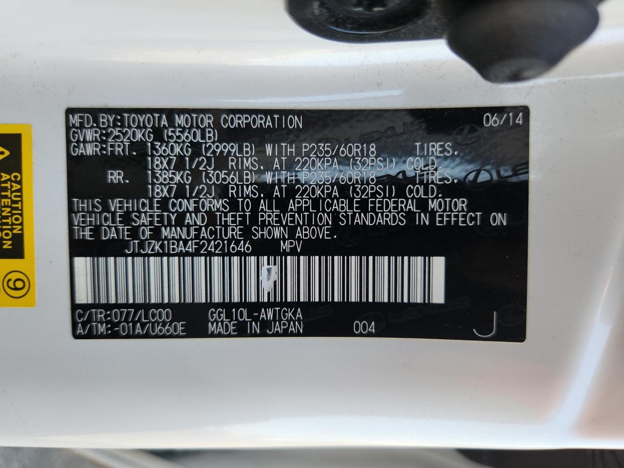 2015 Lexus Rx 350 VIN: JTJZK1BA4F2421646 Lot: 64575295