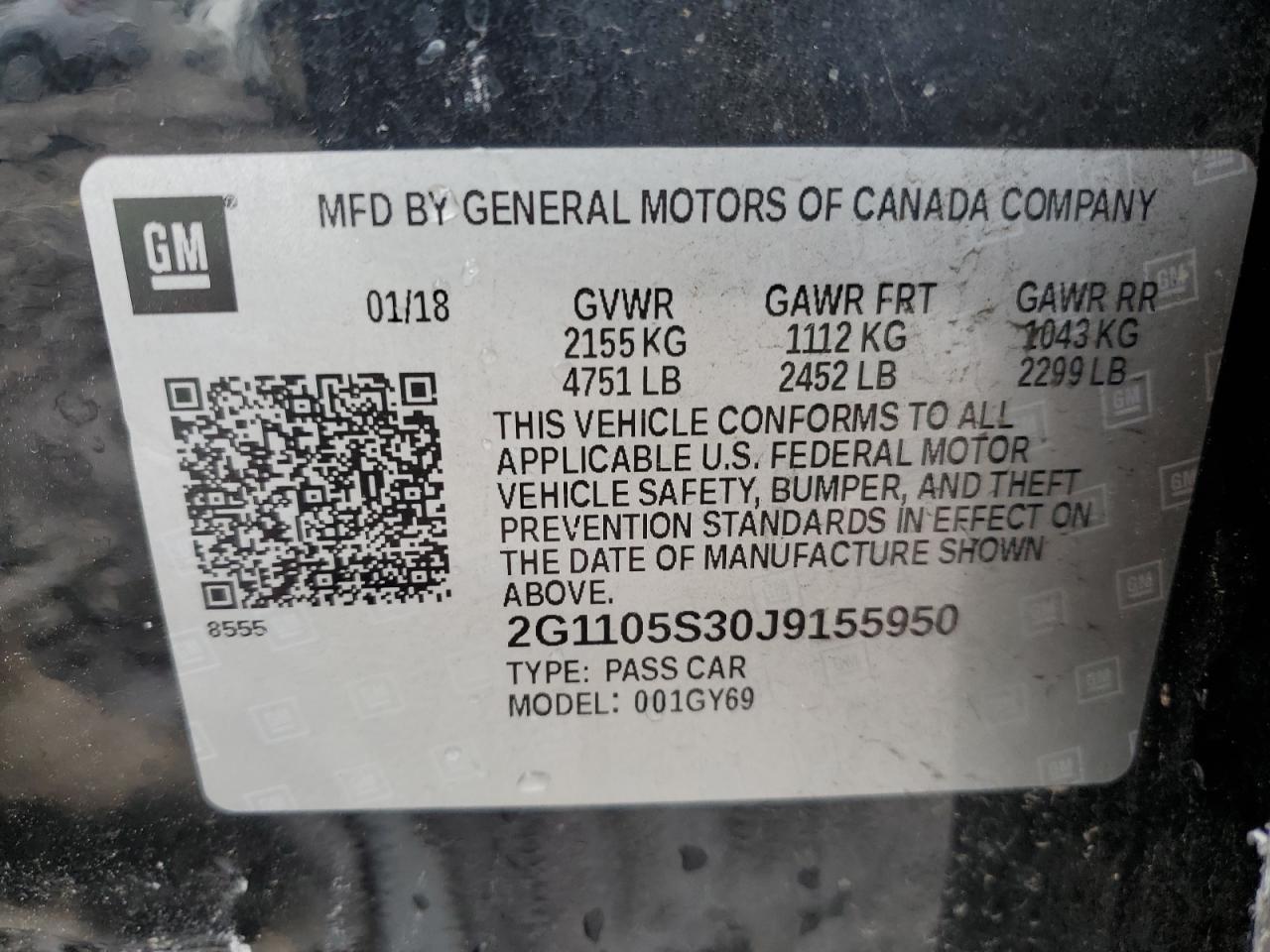 2018 Chevrolet Impala Lt VIN: 2G1105S30J9155950 Lot: 63090425