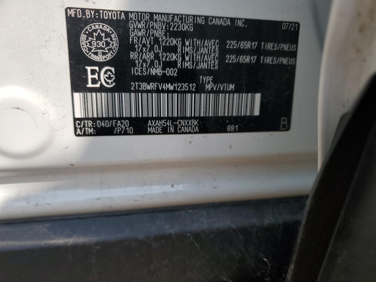 2021 Toyota Rav4 Le VIN: 2T3BWRFV4MW123512 Lot: 65753695