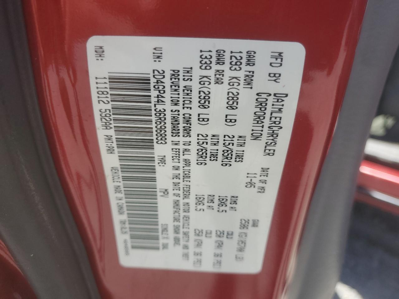2006 Dodge Grand Caravan Sxt VIN: 2D4GP44L36R696893 Lot: 64791945