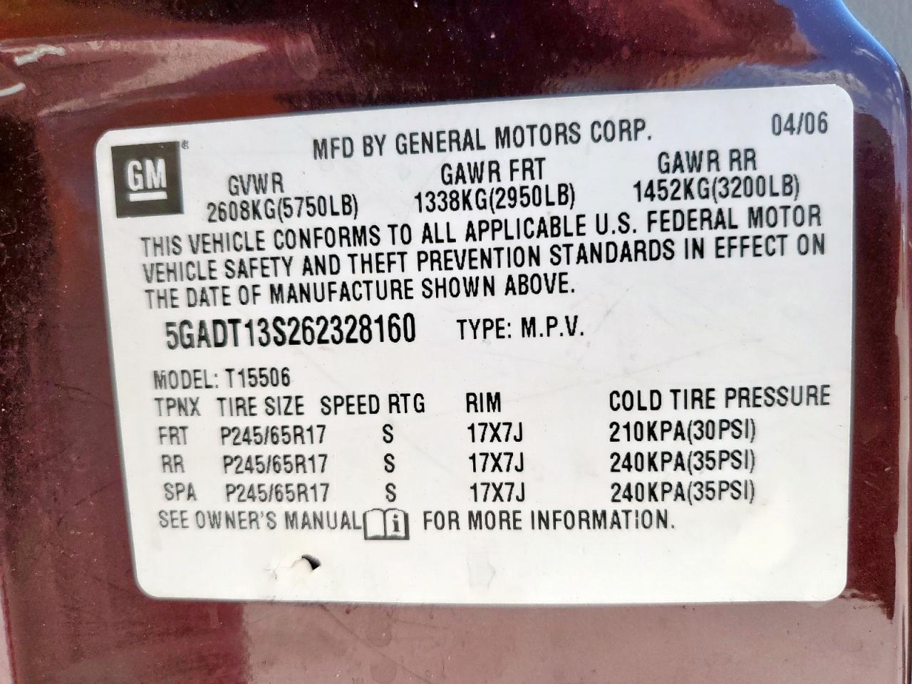 2006 Buick Rainier Cxl VIN: 5GADT13S262328160 Lot: 64211425