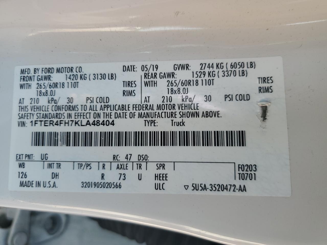 2019 Ford Ranger Xl VIN: 1FTER4FH7KLA48404 Lot: 64098005