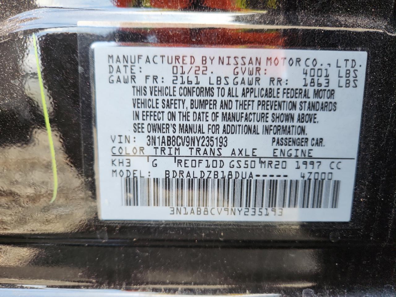 2022 Nissan Sentra Sv VIN: 3N1AB8CV9NY235193 Lot: 63400655