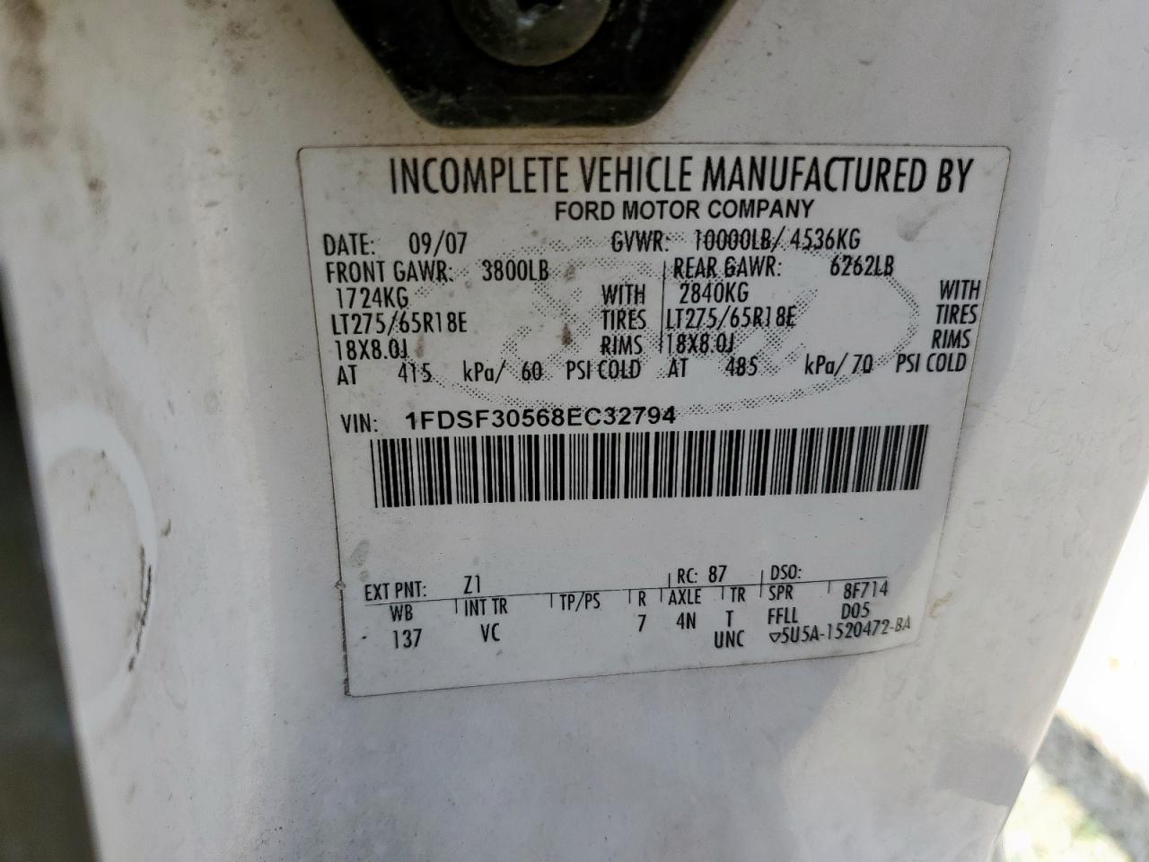 2008 Ford F350 Srw Super Duty VIN: 1FDSF30568EC32794 Lot: 64674055