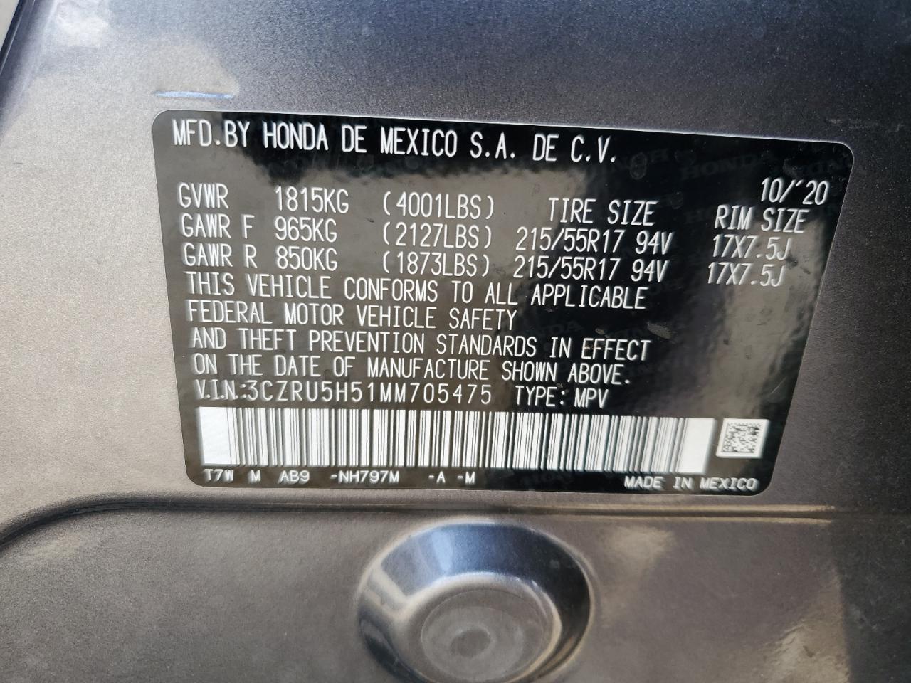 2021 Honda Hr-V Ex VIN: 3CZRU5H51MM705475 Lot: 64864595