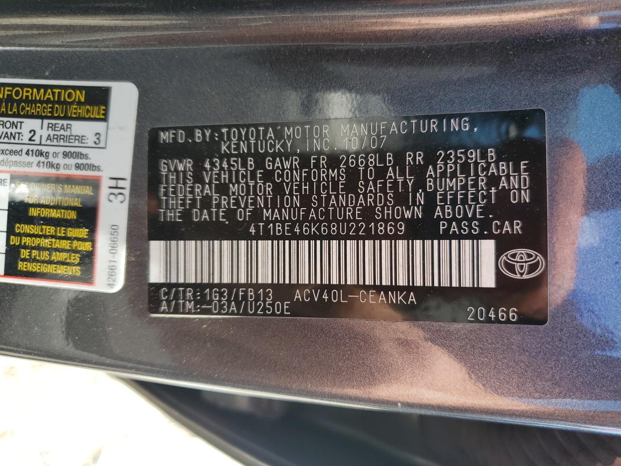 2008 Toyota Camry Ce VIN: 4T1BE46K68U221869 Lot: 65224955