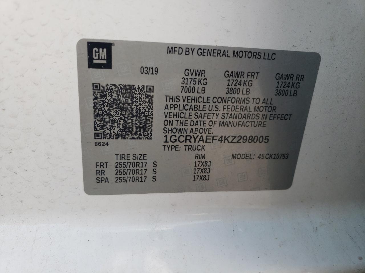1GCRYAEF4KZ298005 CHEVROLET ALL Models 2019