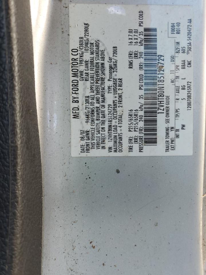 2008 Ford Mustang VIN: 1ZVHT80N185124729 Lot: 65571195