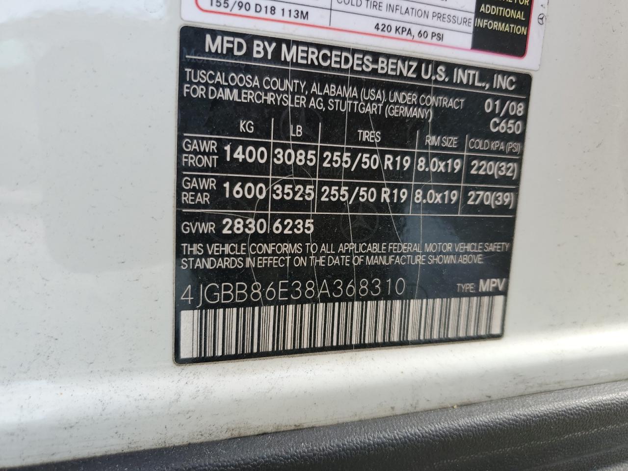 2008 Mercedes-Benz Ml 350 VIN: 4JGBB86E38A368310 Lot: 64737785