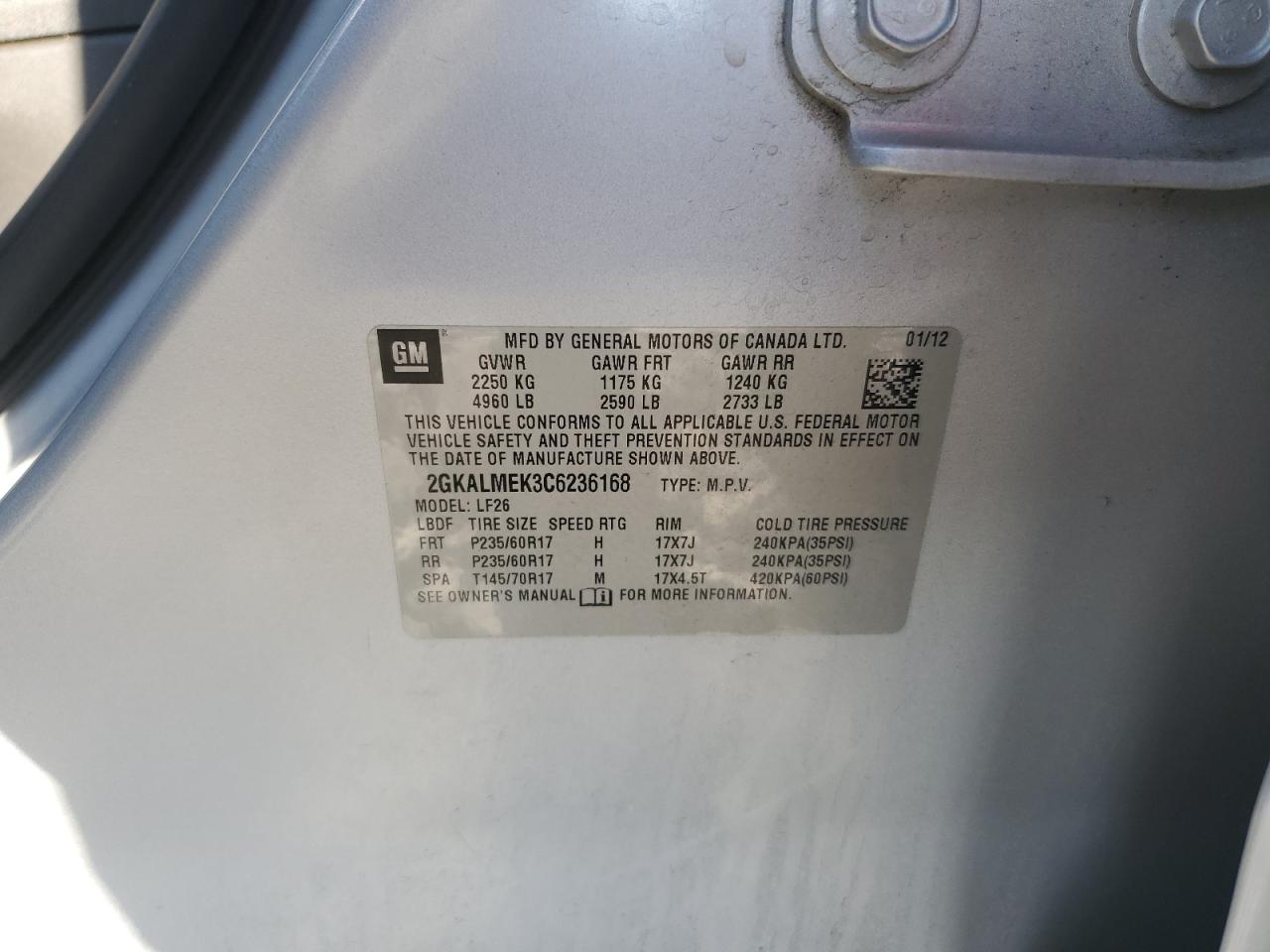 2012 GMC Terrain Sle VIN: 2GKALMEK3C6236168 Lot: 62844845