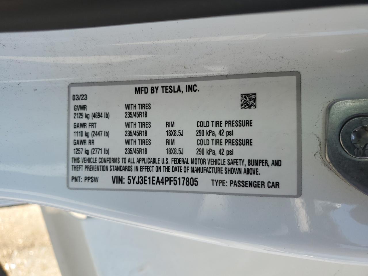 5yj3e1ea4pf517805 5YJ3E1EA4PF517805 2023 Tesla Model 3