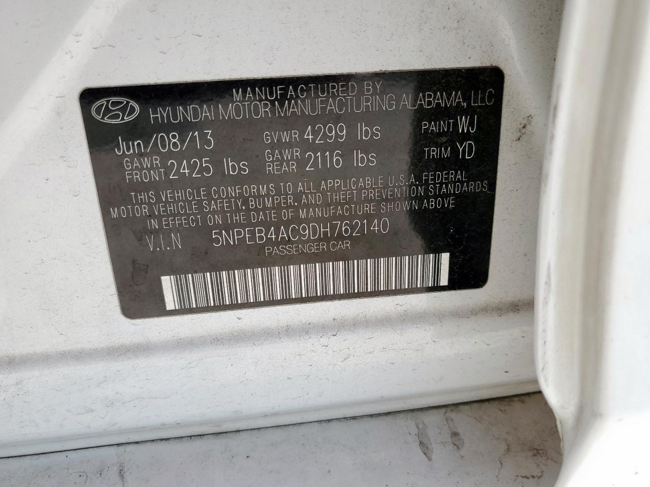 2013 Hyundai Sonata Gls VIN: 5NPEB4AC9DH762140 Lot: 62147005