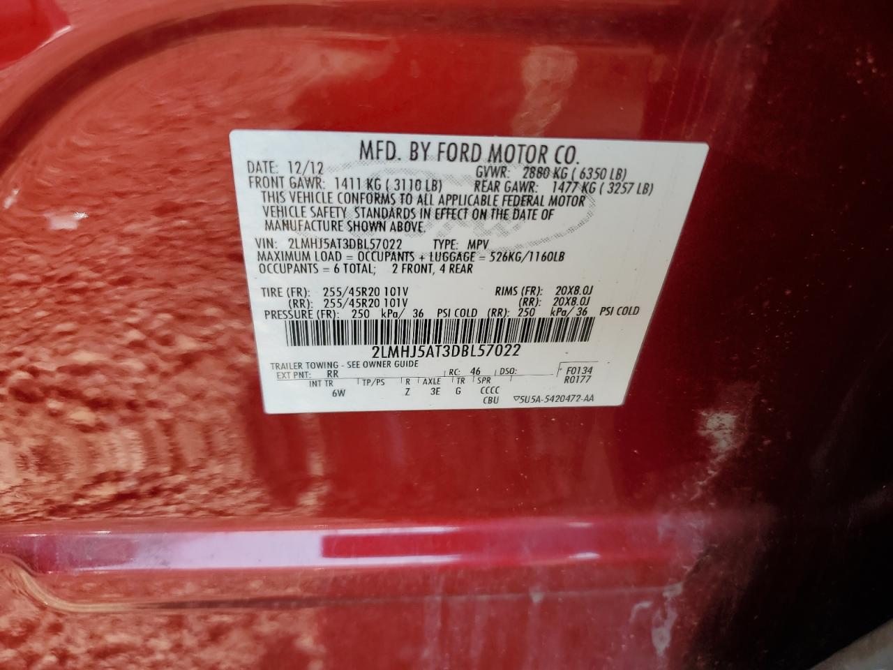 2013 Lincoln Mkt VIN: 2LMHJ5AT3DBL57022 Lot: 61415255