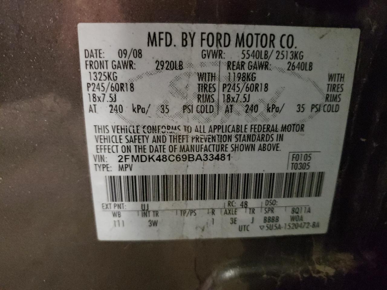 2009 Ford Edge Sel VIN: 2FMDK48C69BA33481 Lot: 64765215