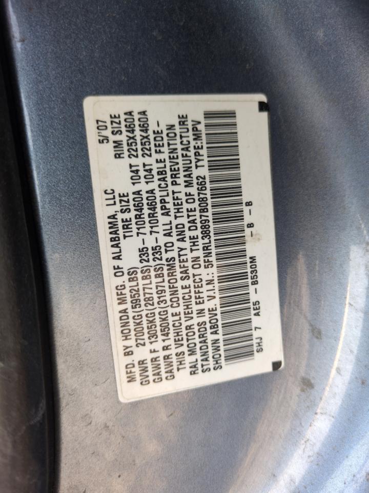 2007 Honda Odyssey Touring VIN: 5FNRL38897B087662 Lot: 63622545
