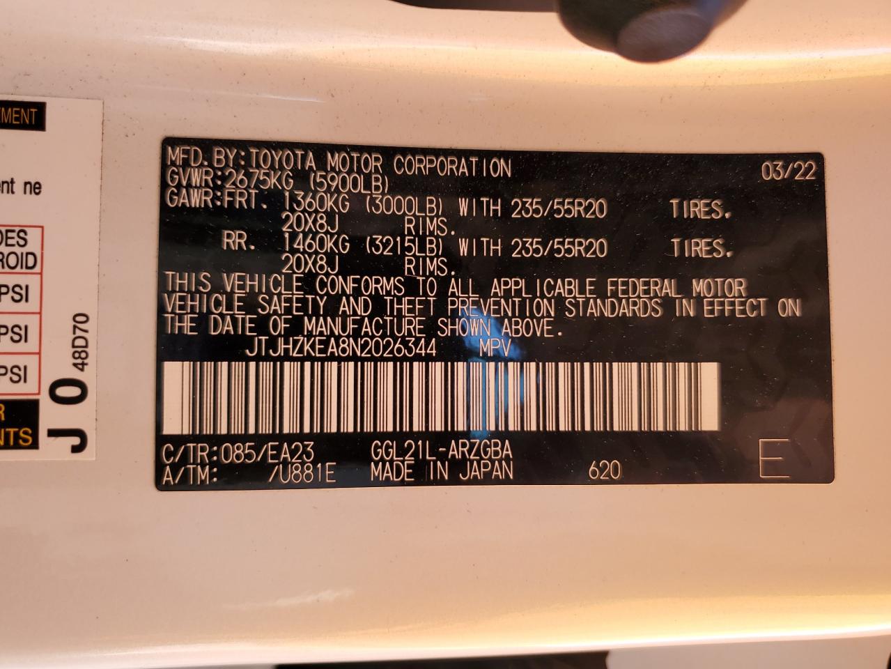 2022 Lexus Rx 350 L VIN: JTJHZKEA8N2026344 Lot: 65069725